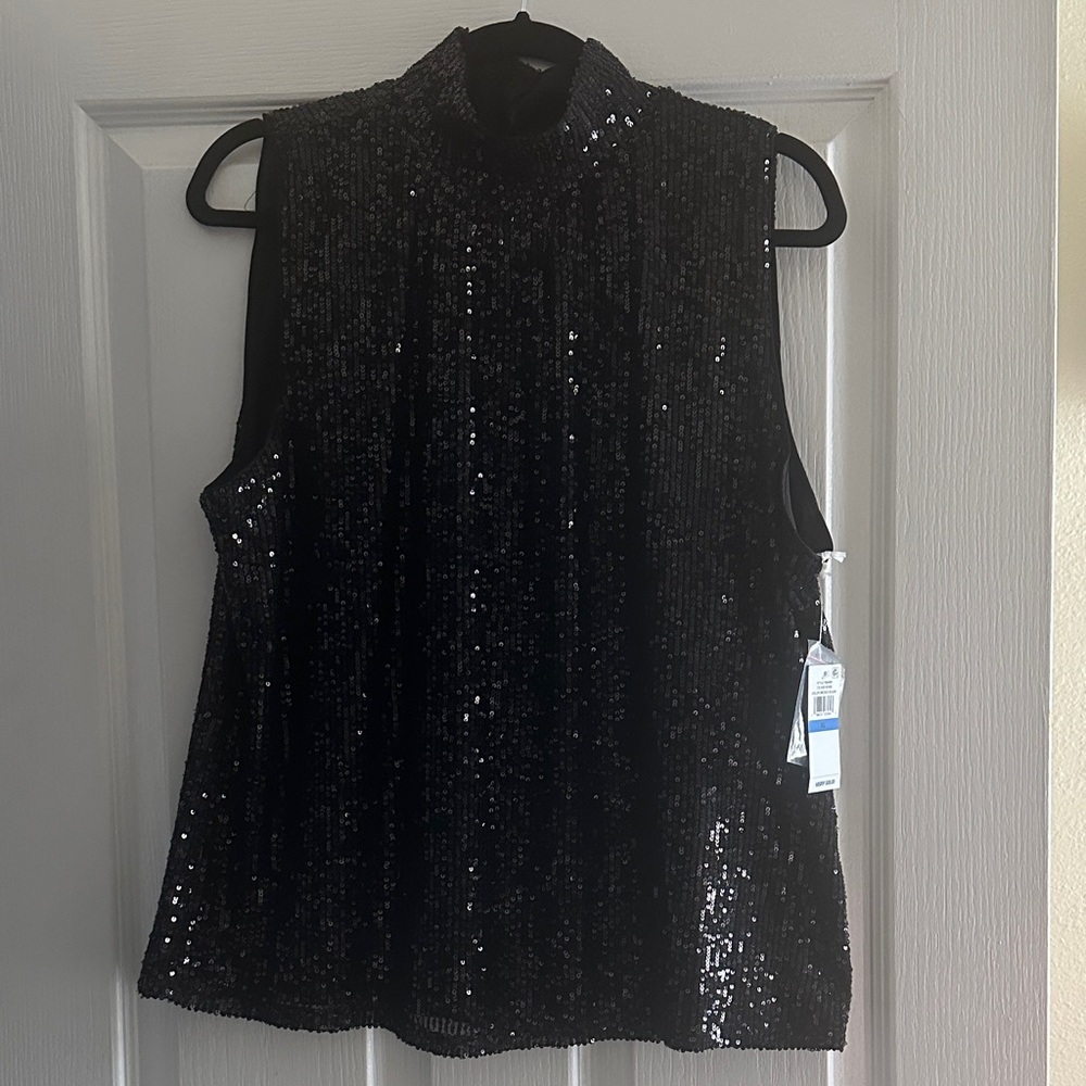Cece Black Sequined Mock Neck Sleeveless Top